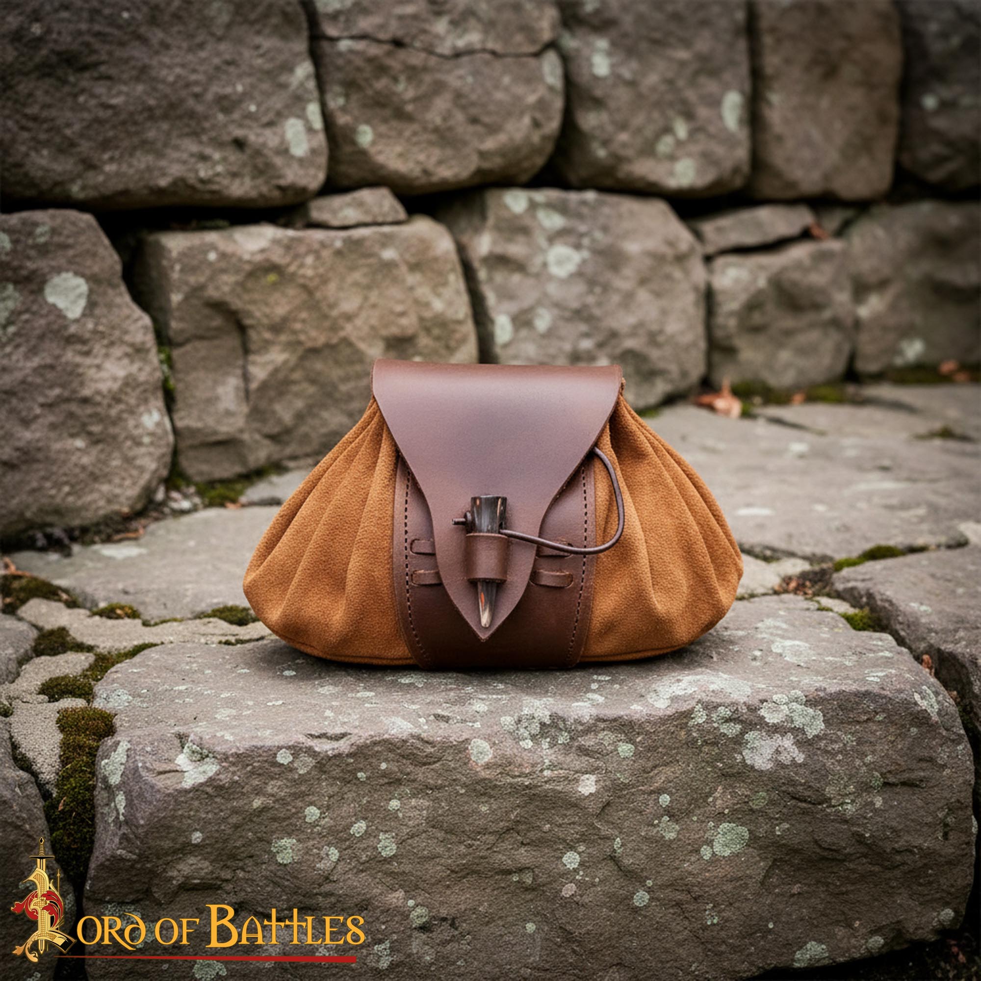 Bolsa de cinturón medieval de ante y cuero con broche de cuerno