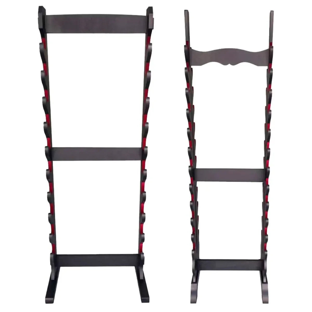Soporte de Pie para Katanas en Madera Negra y Terciopelo Rojo – 10 o 24 Piezas