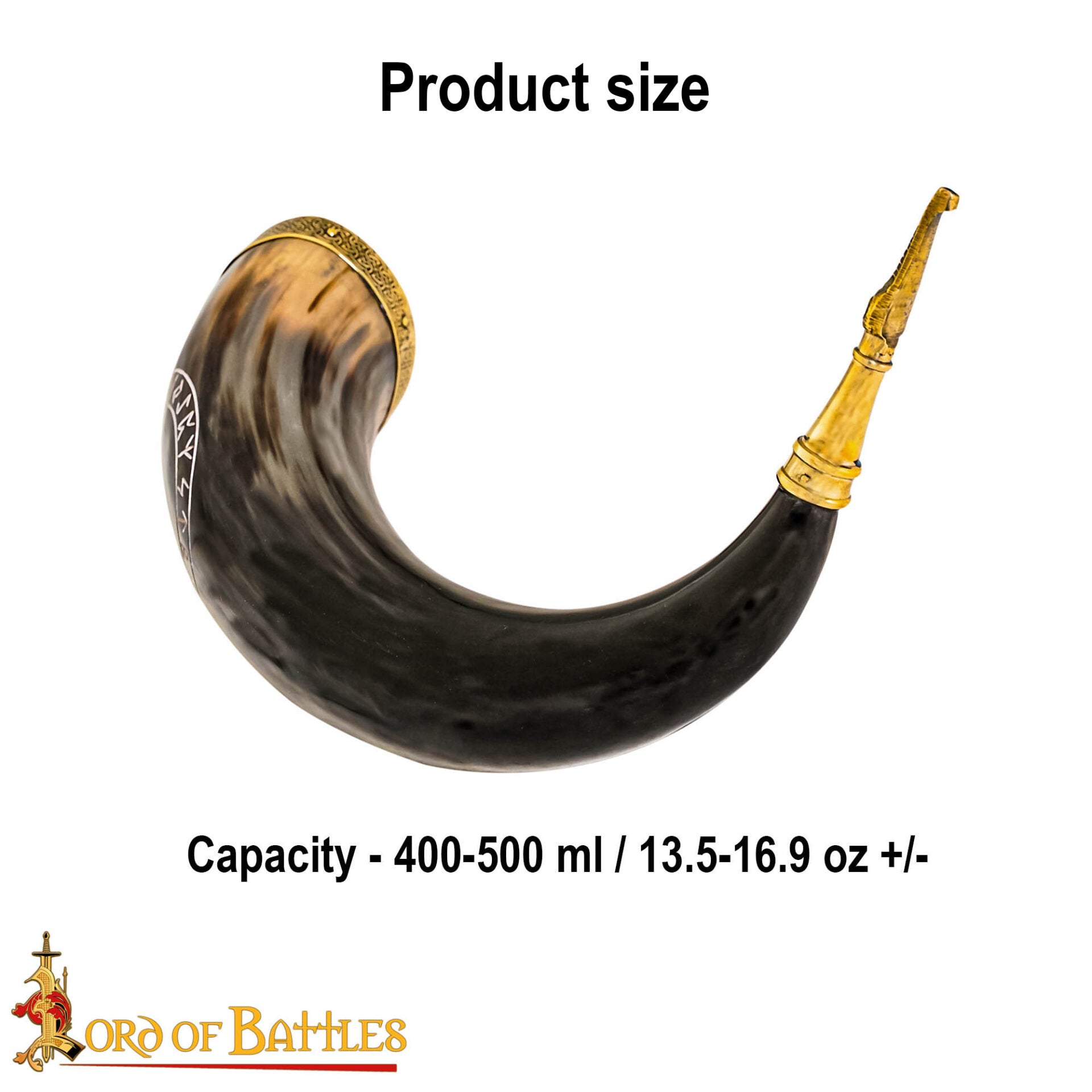 Imagen única de: Cuerno Vikingo con Runa Algiz - Borde y Punta de Latón