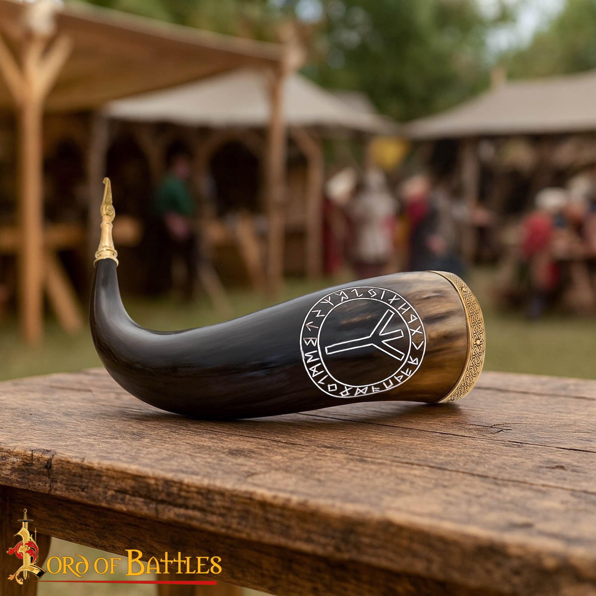Imagen única de: Cuerno Vikingo con Runa Algiz - Borde y Punta de Latón