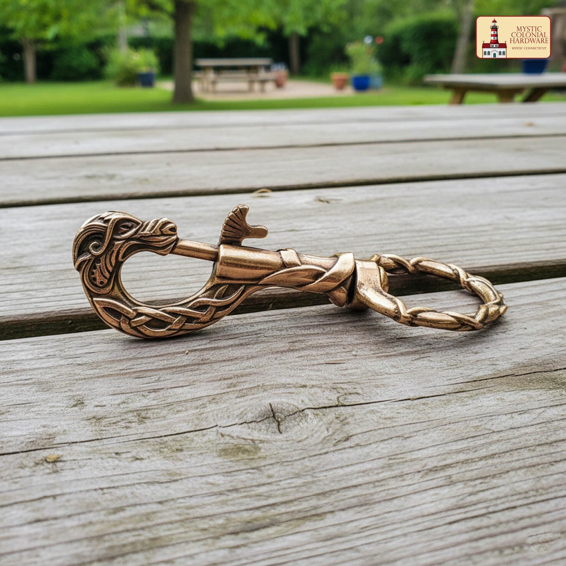 Gancho de bronce con cabeza de dragón vikingo — hecho a mano para correas y llaveros - imagen 6