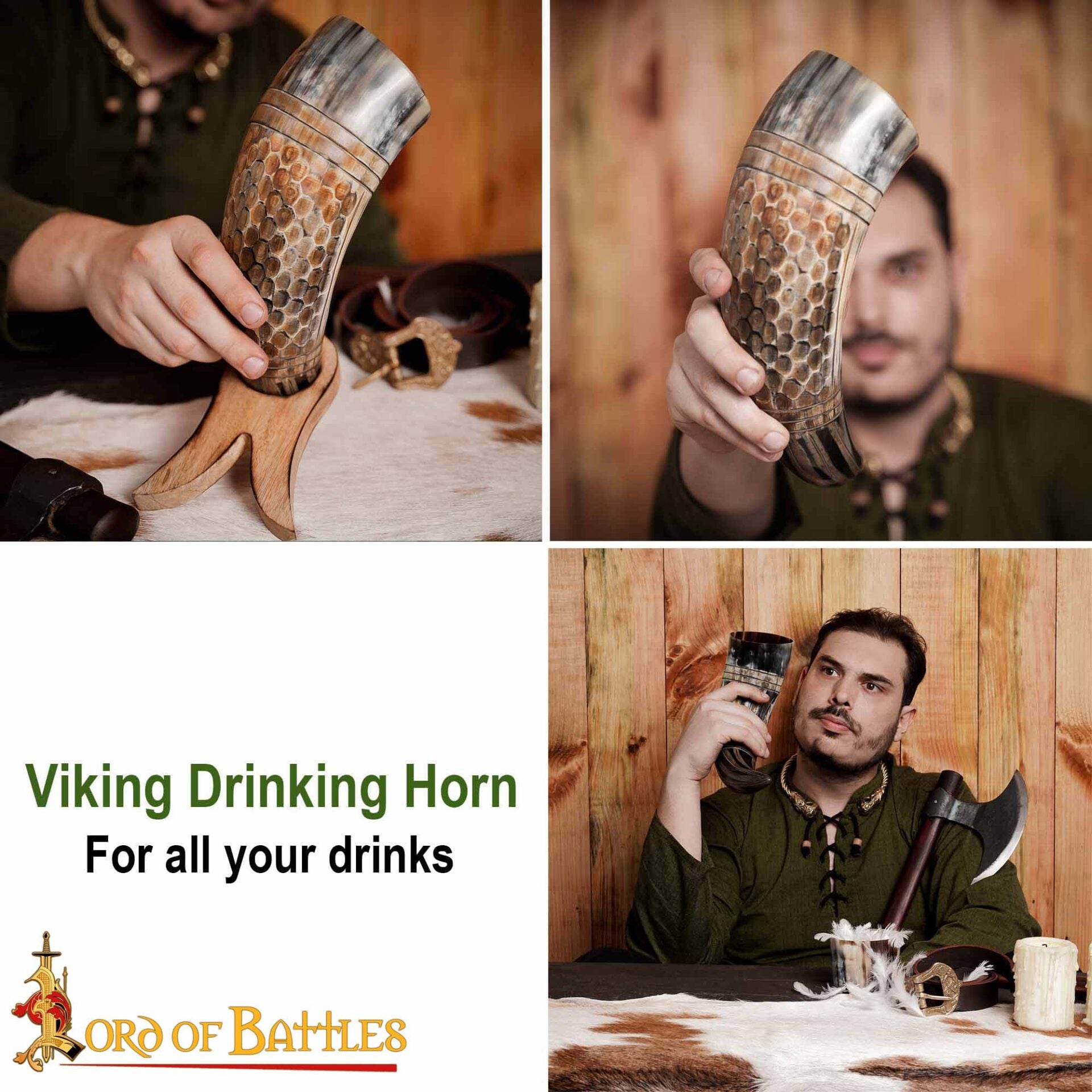 Imagen única de: Cuerno Vikingo Artesanal - Grabado Panal, 500-600 Ml