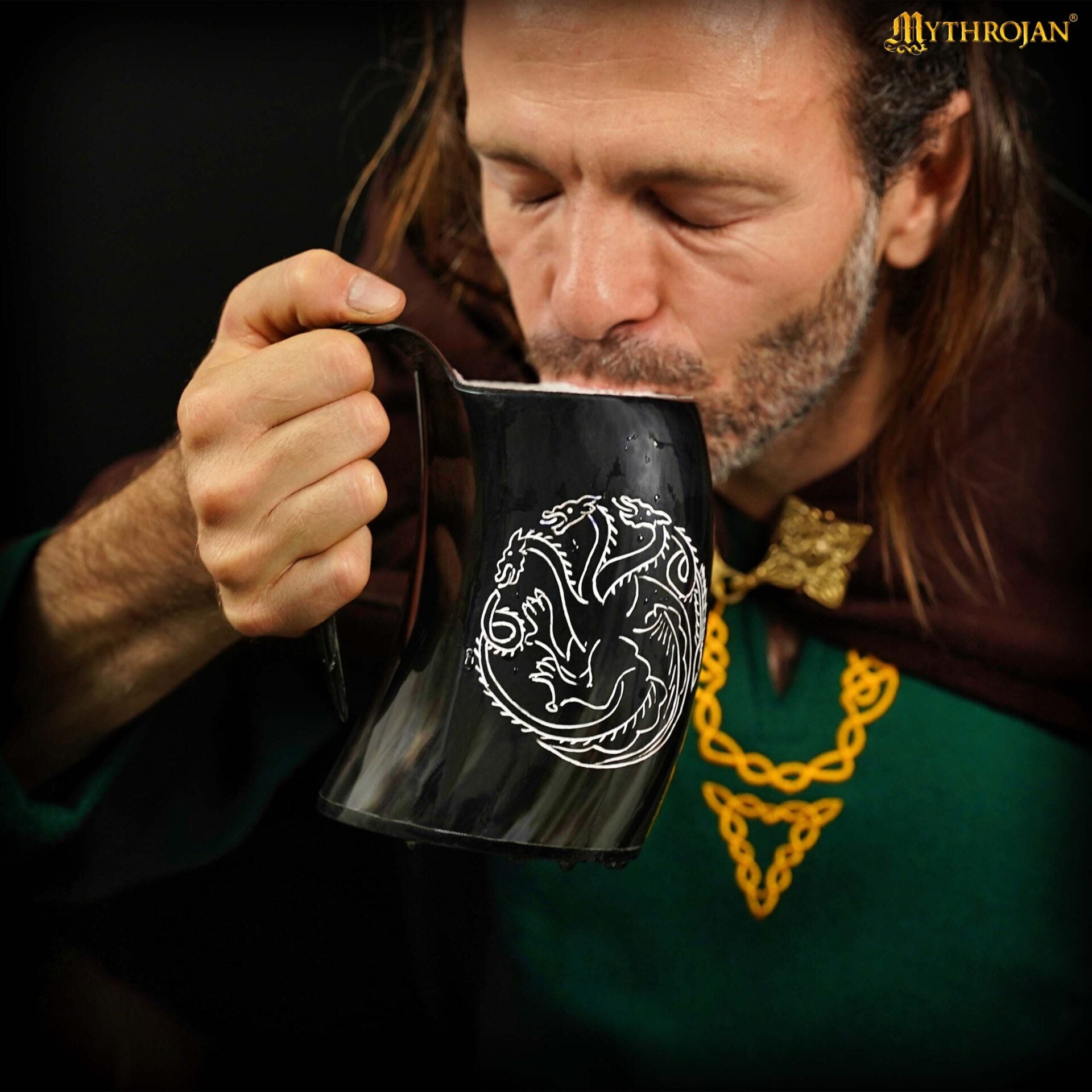 Jarra vikinga de cuerno de buey con sigilo de dragón y correa de cuero - imagen 18