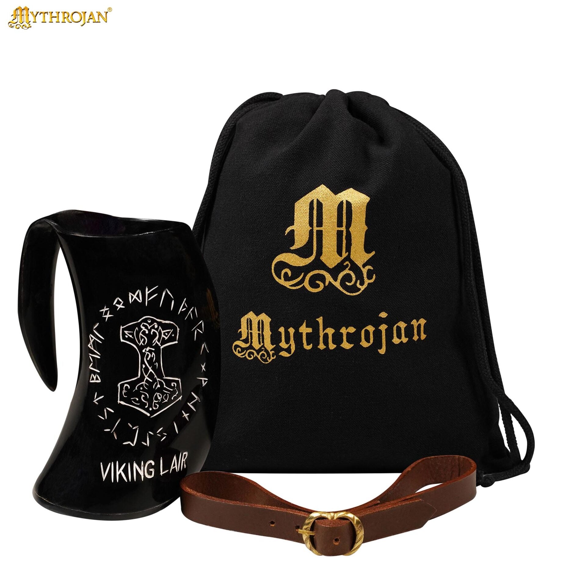 Imagen única de: Cuerno de beber Mjölnir con diseño rúnico y correa de cuero