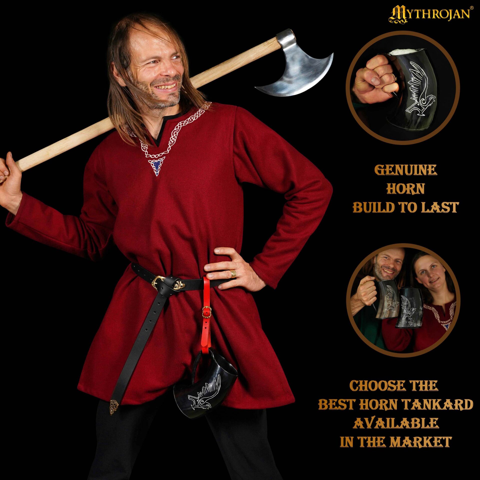 Jarra vikinga de cuerno de buey con soporte de cuero y hebilla de latón - imagen 8