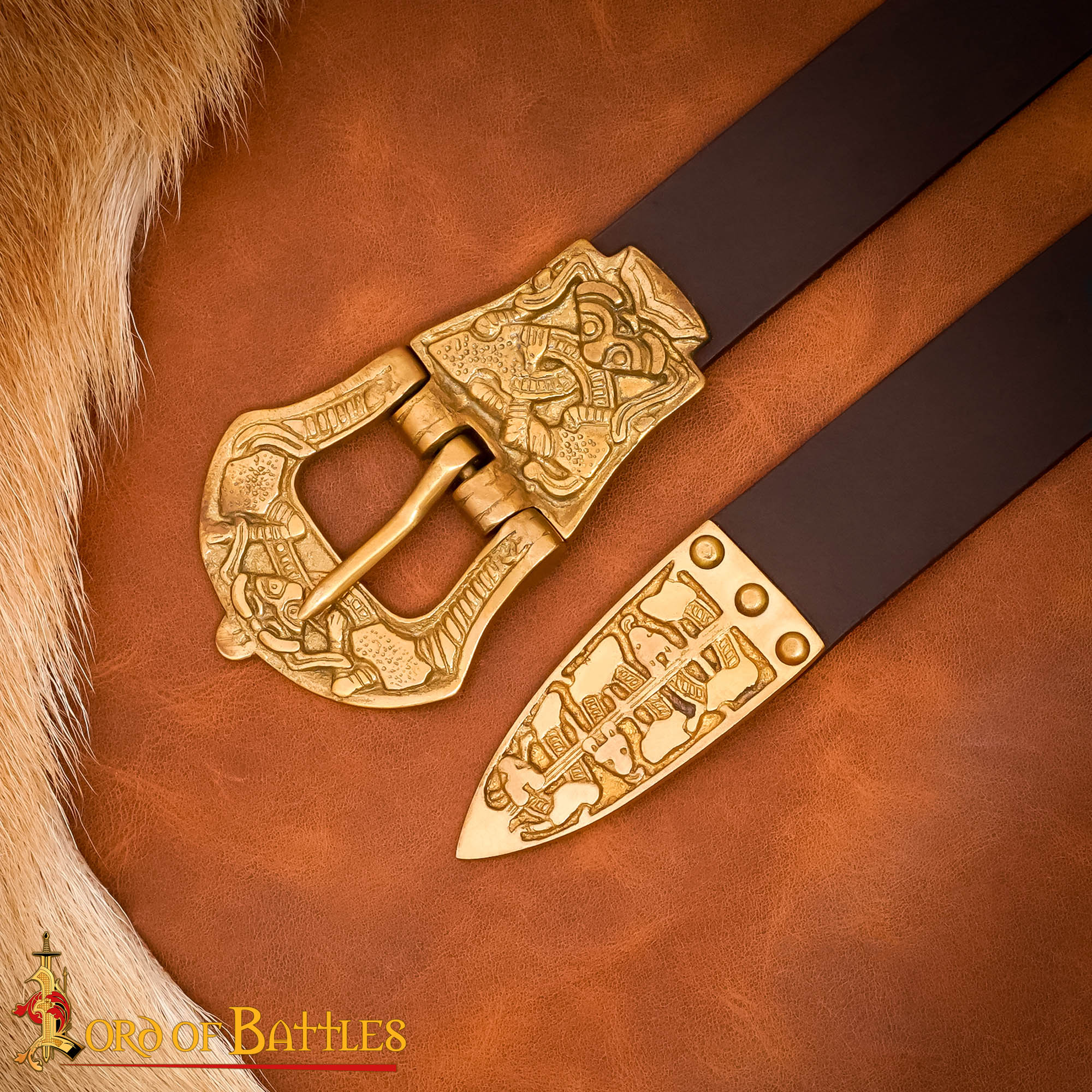 Cinturón Viking Reaver de cuero con hebilla y chape de latón macizo - imagen 17