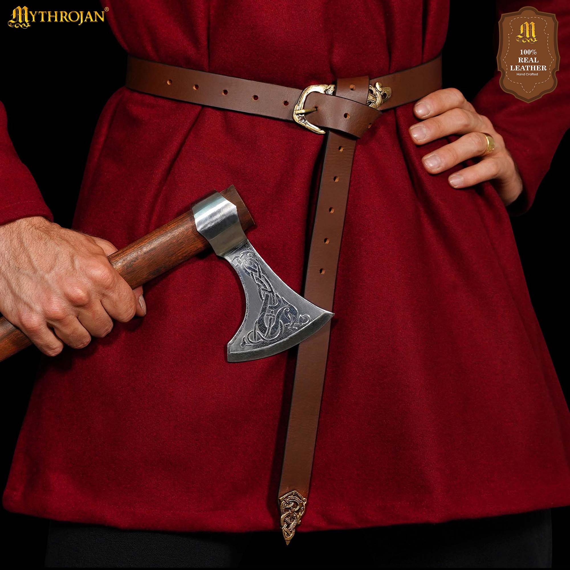 Imagen única de: Cinturón vikingo de piel con serpiente y hebilla de latón
