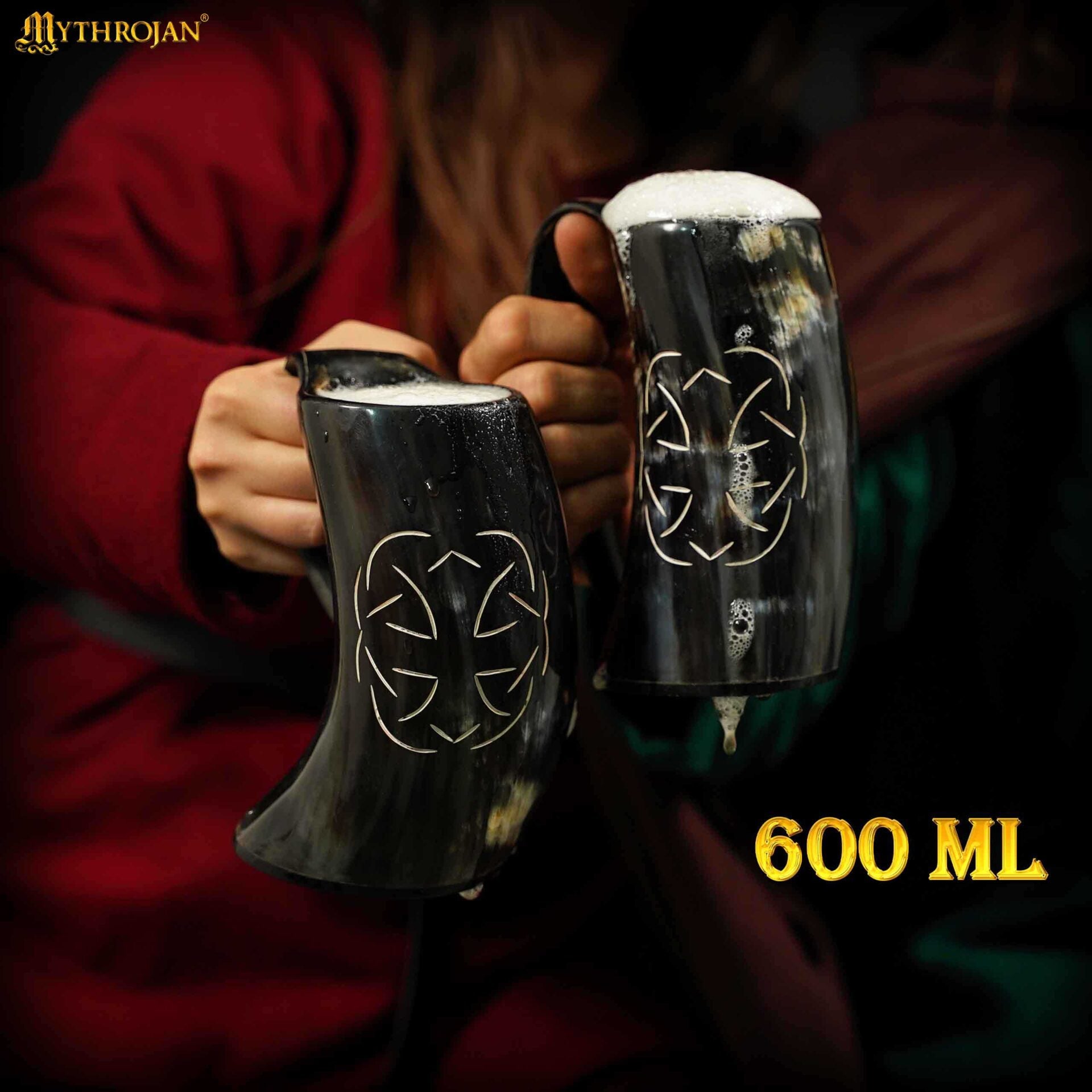Cuerno vikingo para beber con grabado geométrico y correa de cuero - imagen 18