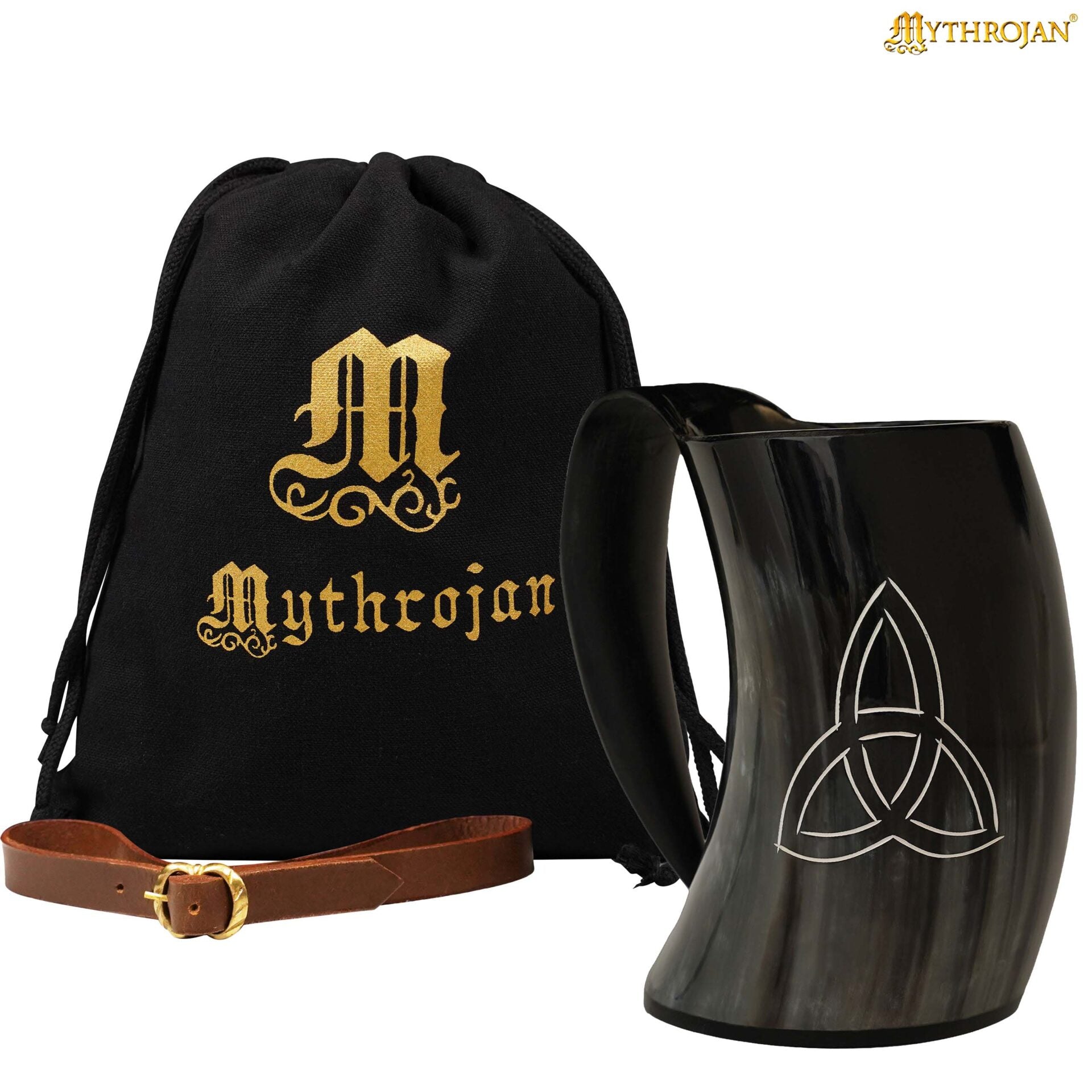 Imagen única de: Jarra de cuerno de buey con nudo triquetra y funda de cuero