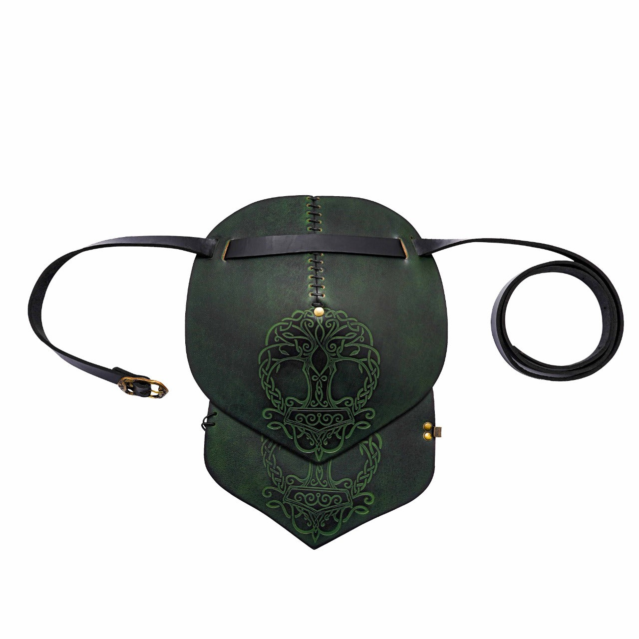Hombrera vikinga de cuero con motivo Yggdrasil y Mjolnir - Verde