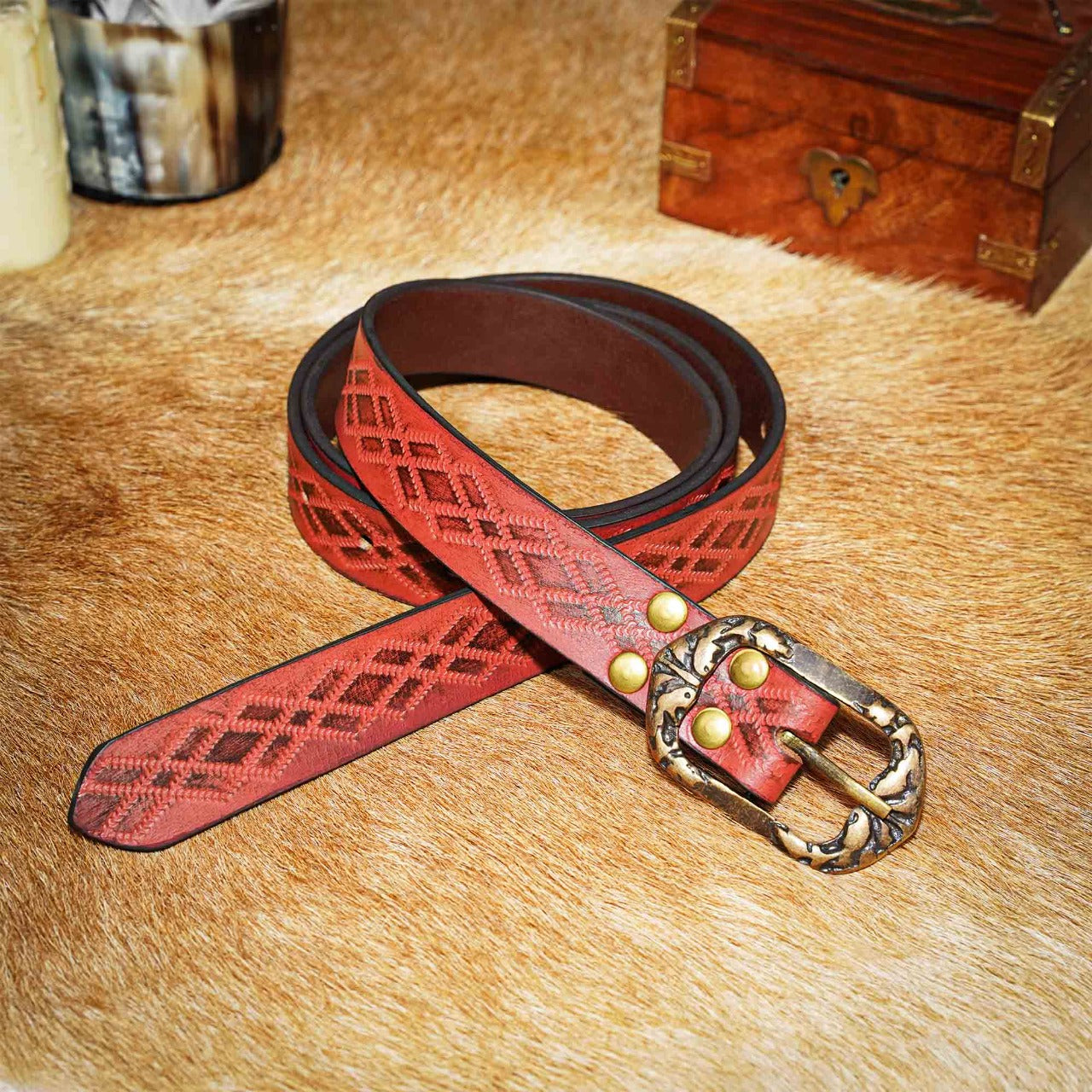 Cinturón Ranger de cuero genuino artesanal - Granate - 150 cm