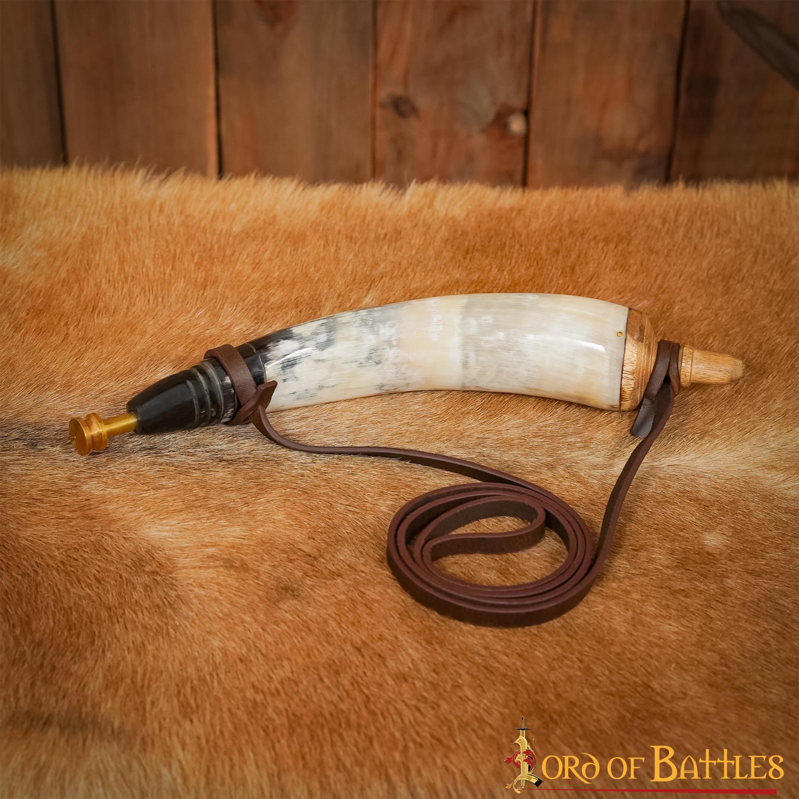 Cuerno polvorera vikingo de buey con válvula de latón - imagen 10