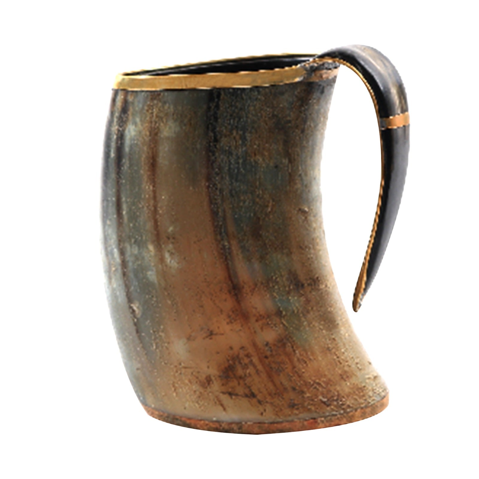 Taza vikinga de cuerno natural con aro y asa de latón