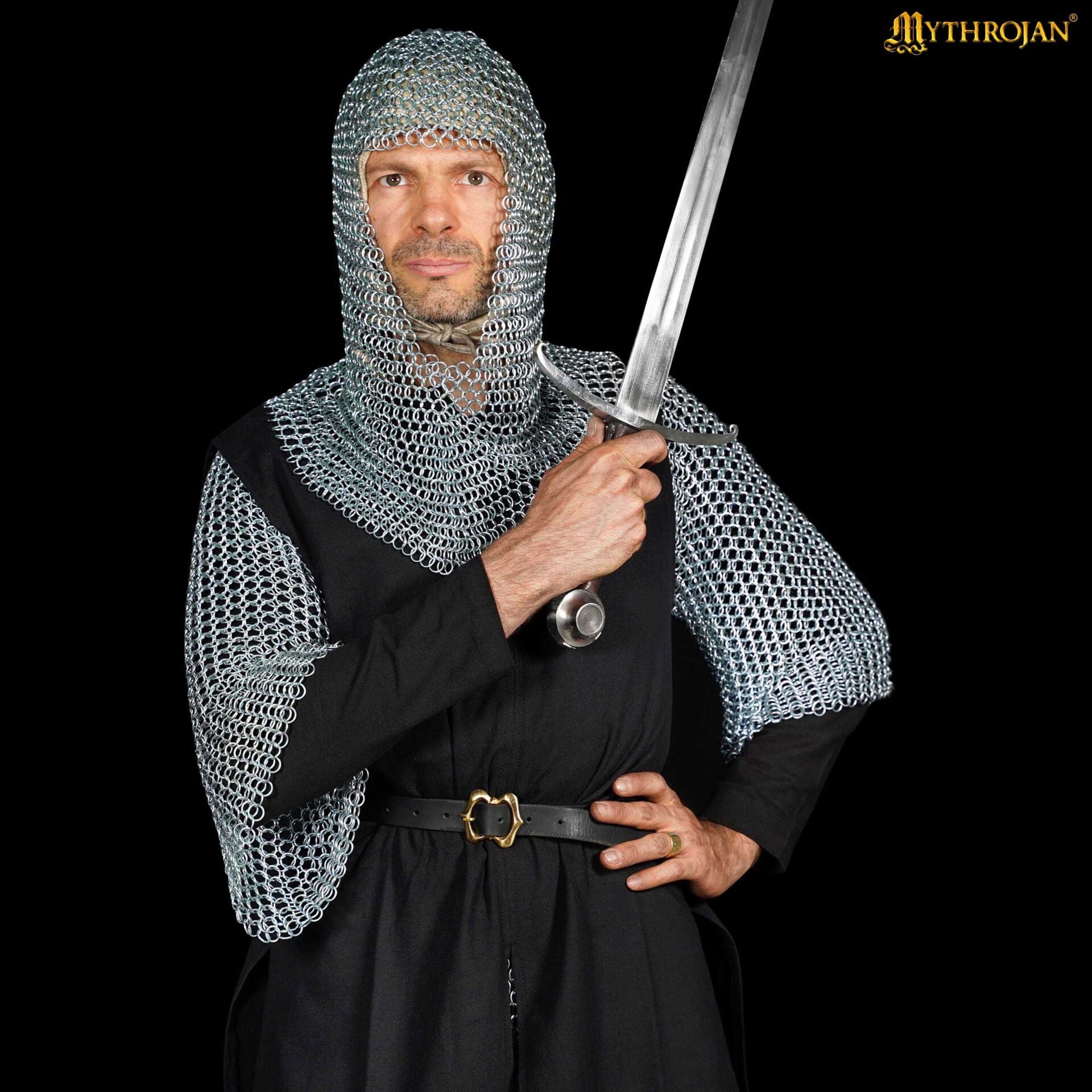 Capucha de cota de malla 10 mm, acero 16 gauge — Vikingo y caballero (LARP) - Zinc Polish - S