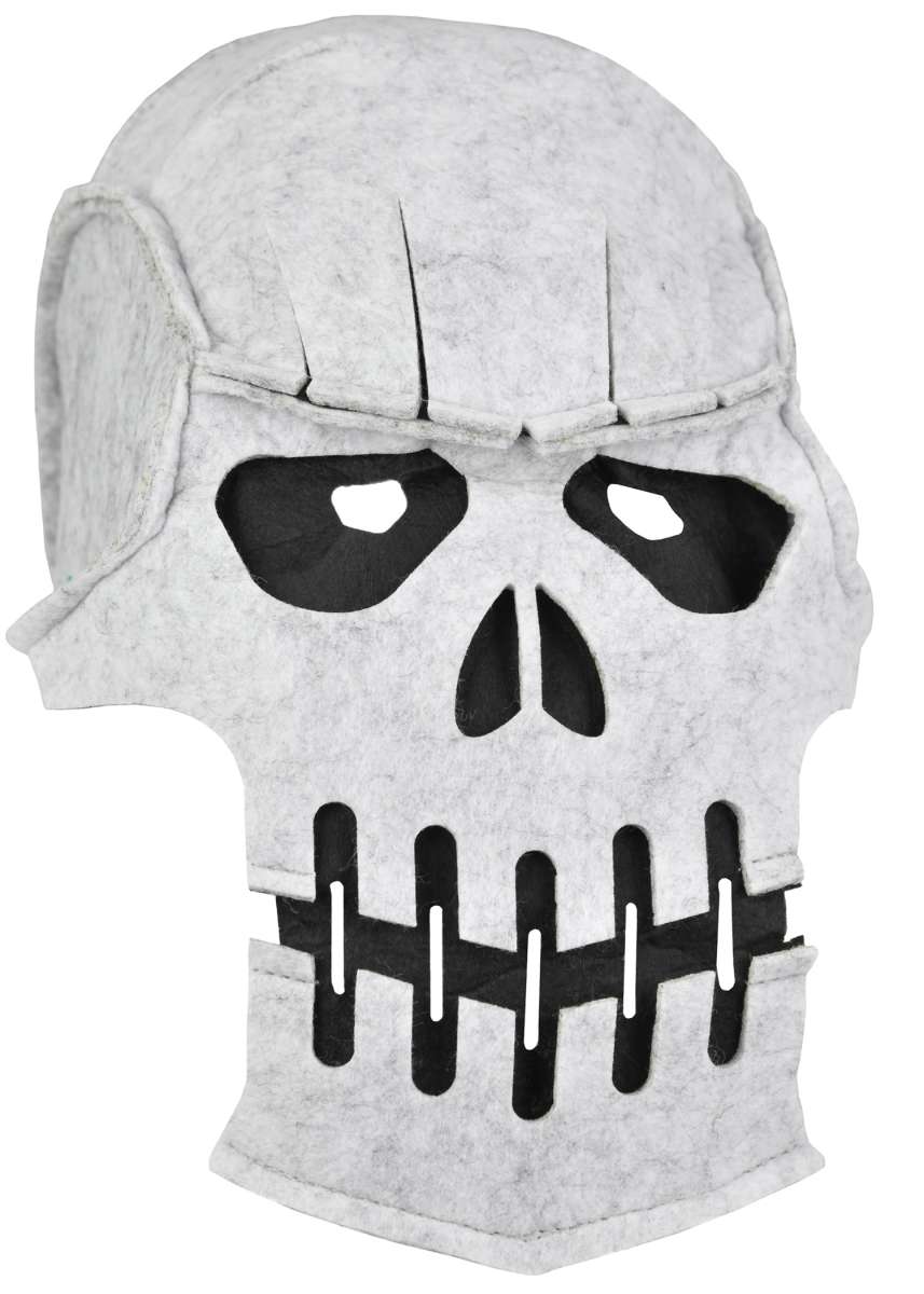 Máscara infantil de calavera en fieltro gris con detalles oscuros y aberturas en ojos, nariz y boca