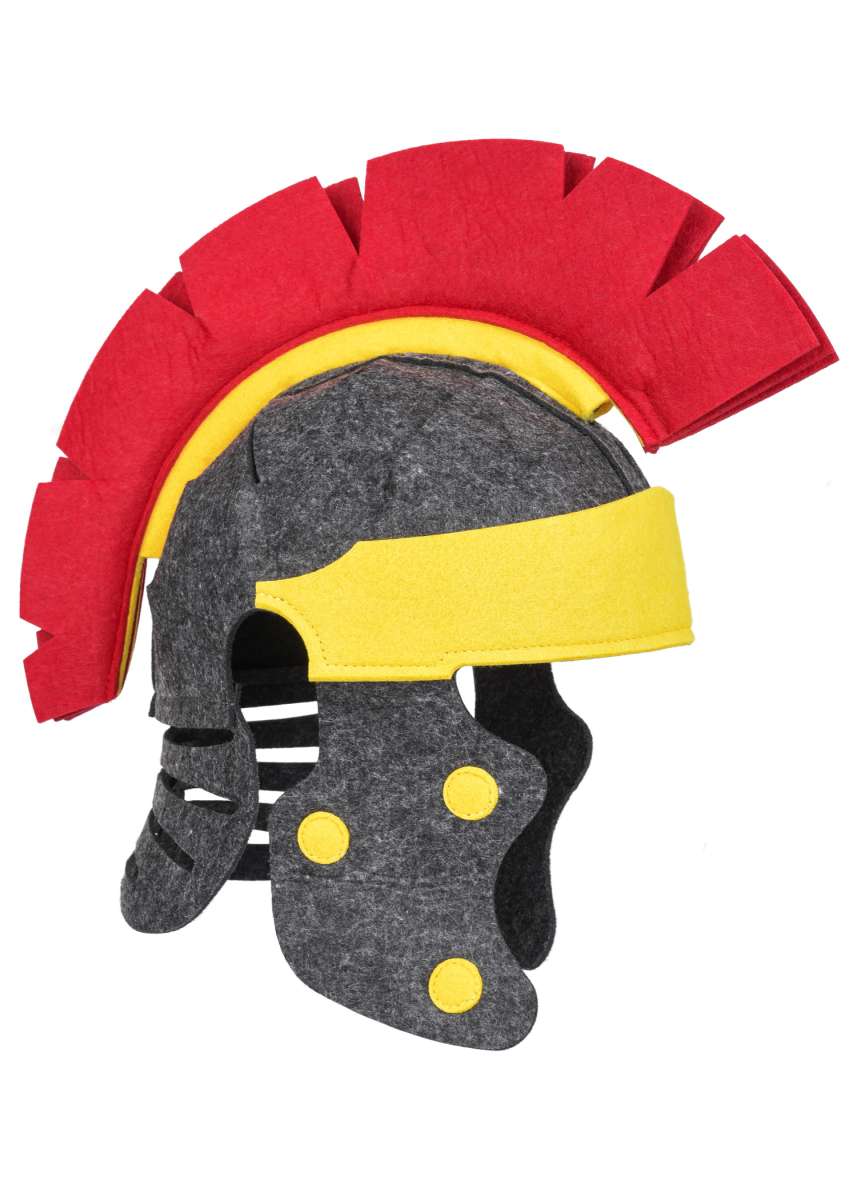Casco romano infantil de fieltro gris oscuro con cresta roja, banda frontal y adornos amarillos