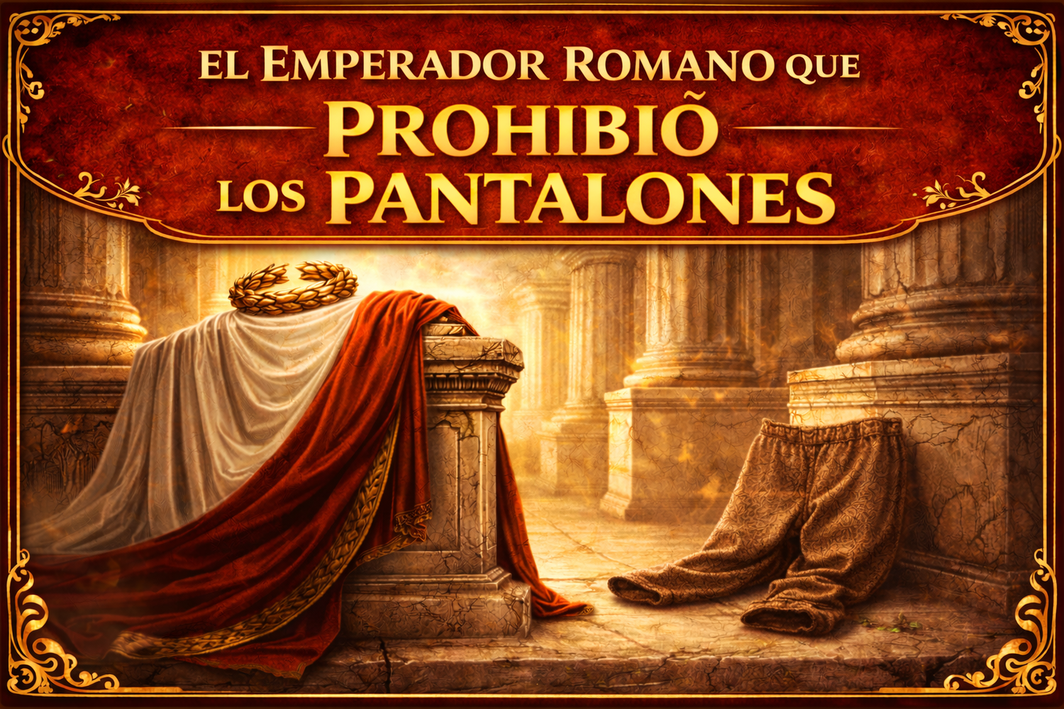 Una toga romana cuidadosamente colocada con pantalones en el piso a un lado, y el texto en la parte superior citando "El emperador romano que PROHIBIÓ los PANTALONES" 
