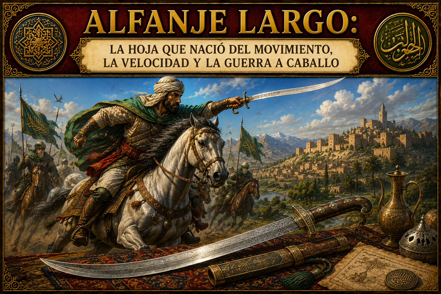 Hombre a caballo con un Alfanje Largo en mano, un Alfanje al frente, un castillo al fondo y el título del artículo en la parte superior