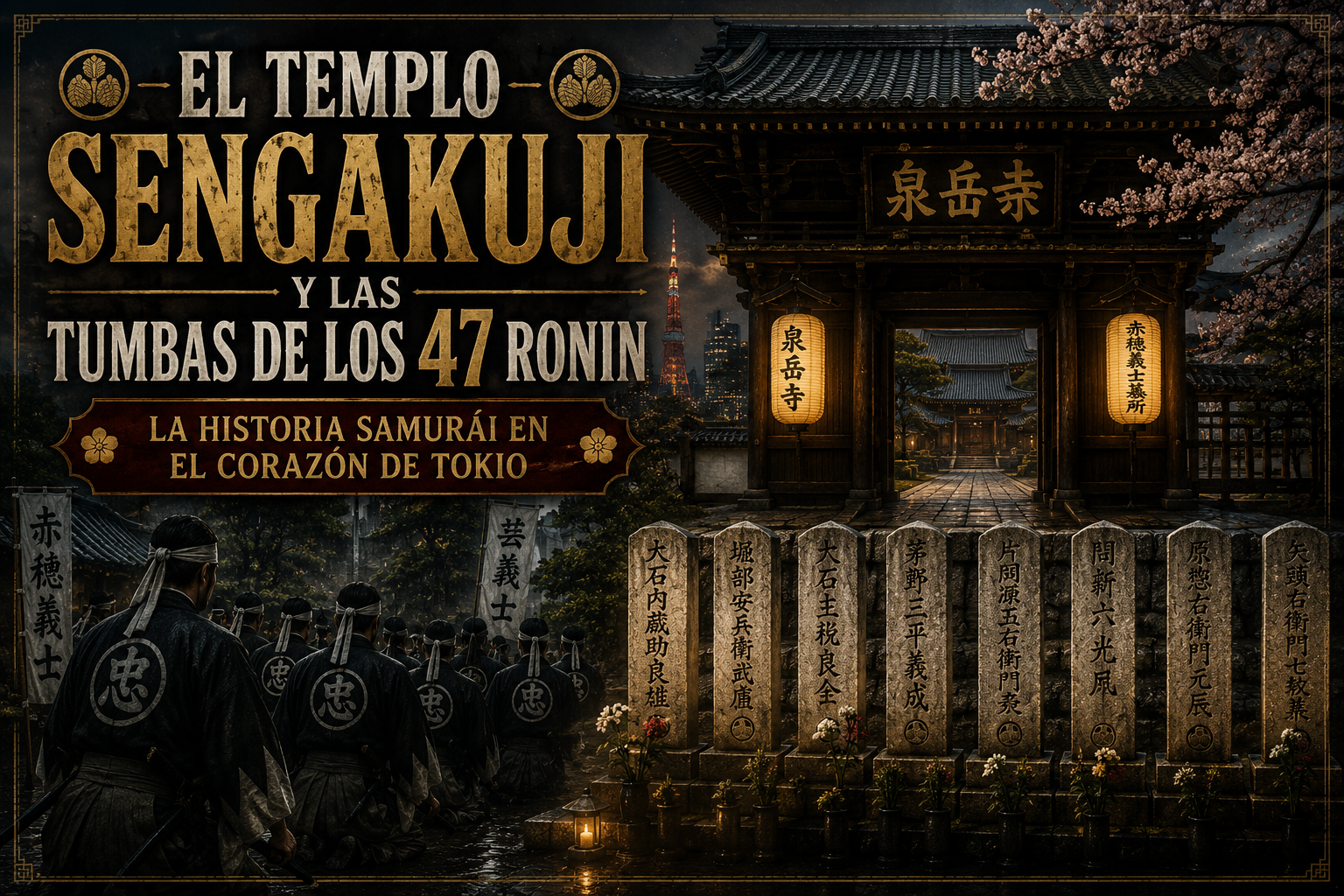 Foto del templo Sengakuji y las placas conmemorativas de los 47 Ronin, representación, así como representación de sus espaldas, con el título del artículo