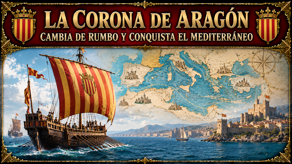 Embarcación, mapa del mediterráneo y castillo, con el título del artículo en la parte superior