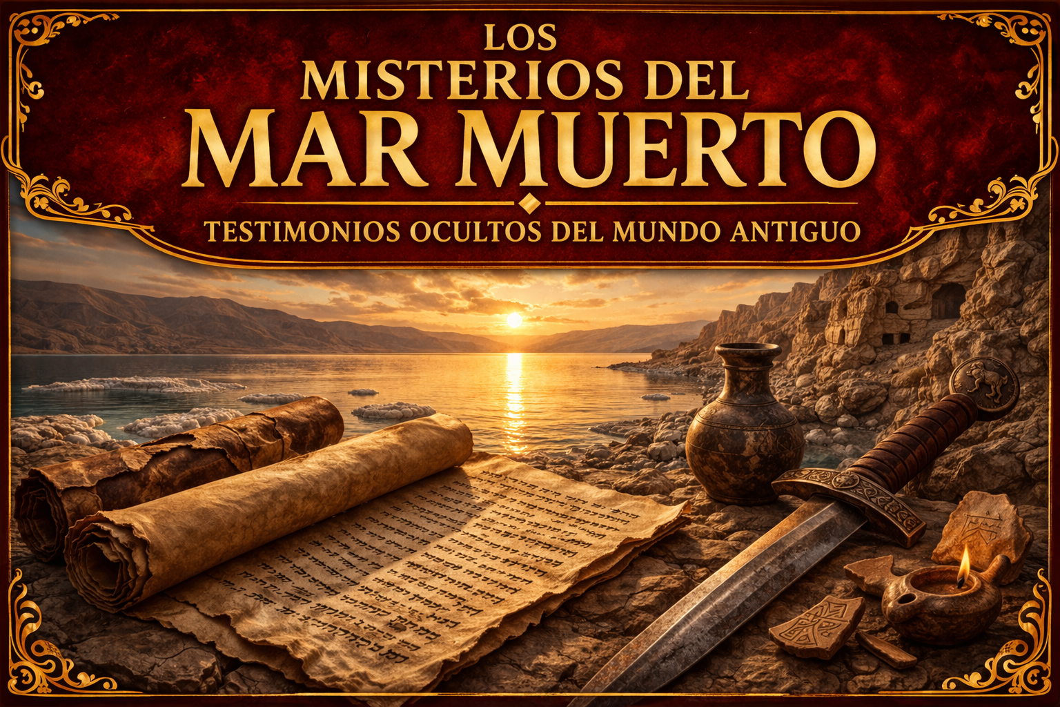 Manuscritos espadas y vasijas con el fondo de un mar dónde la sal está solidificada y una puesta de sol. Dice "Los misterios del Mar Muerto: Testimonios ocultos del mundo antiguo"