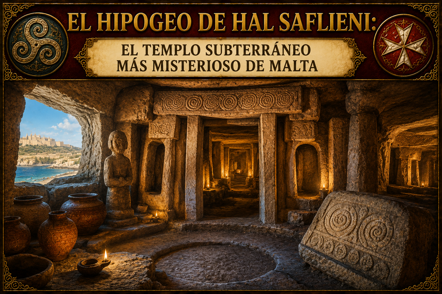Ilustración con referencia al Hipogeo de Hal Saflieni, y el nombre este en la parte superior, junto a la aclaración "El templo subterráneo más misterioso de Malta"