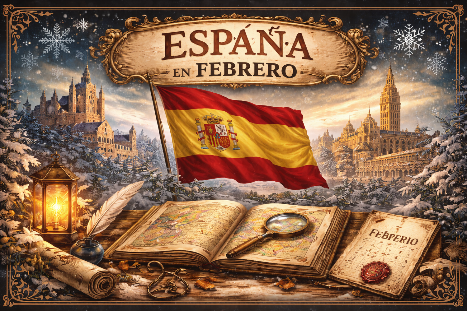 Texto de España en Febrero, imagen con una bandera española y un libro con una lupa bajo ella