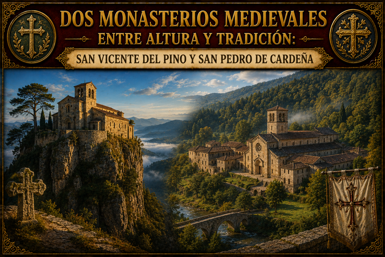 Ilustración de ambos monasterios, con el título del artículo en la parte superior