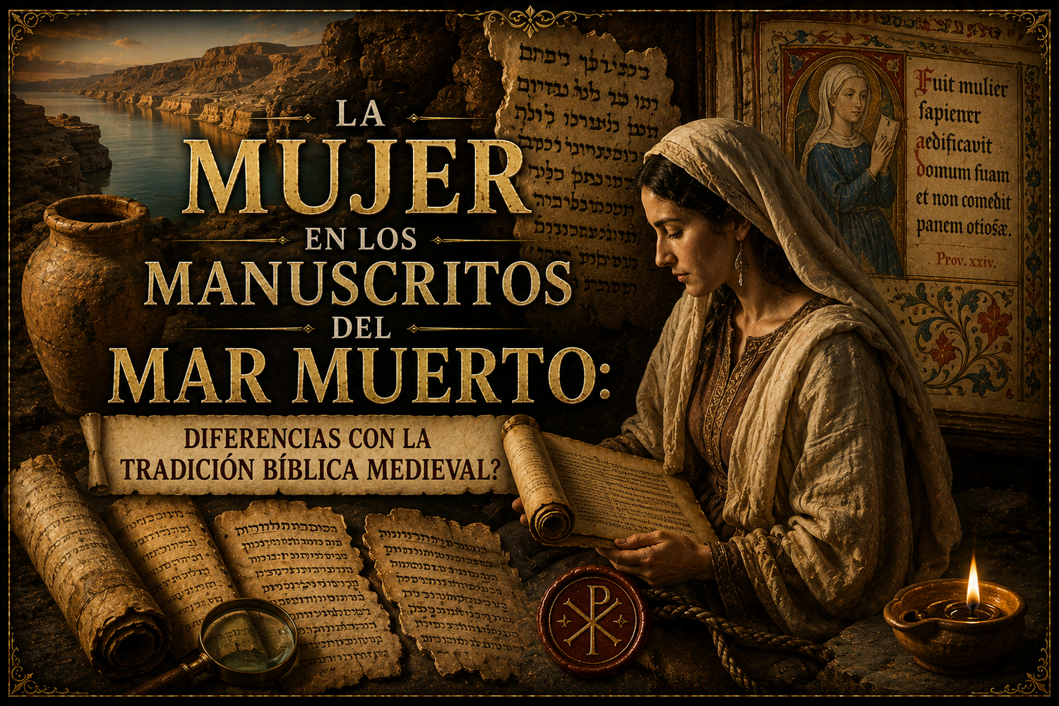 Una Mujer leyendo Manuscritos, con manuscritos y el mar muerto de fondo, y el título del artículo a un lado