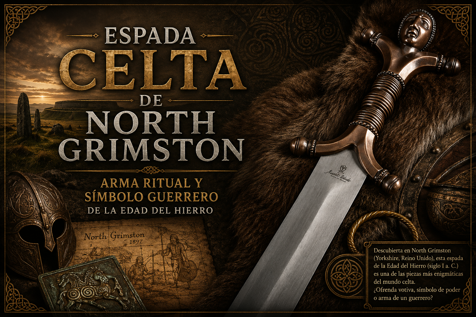 Imagen de la empuñadura de la Espada de North Grimston, con algunos otros detalles cual decoración en referencia a su valor histórico y el título del artículo a un lado.