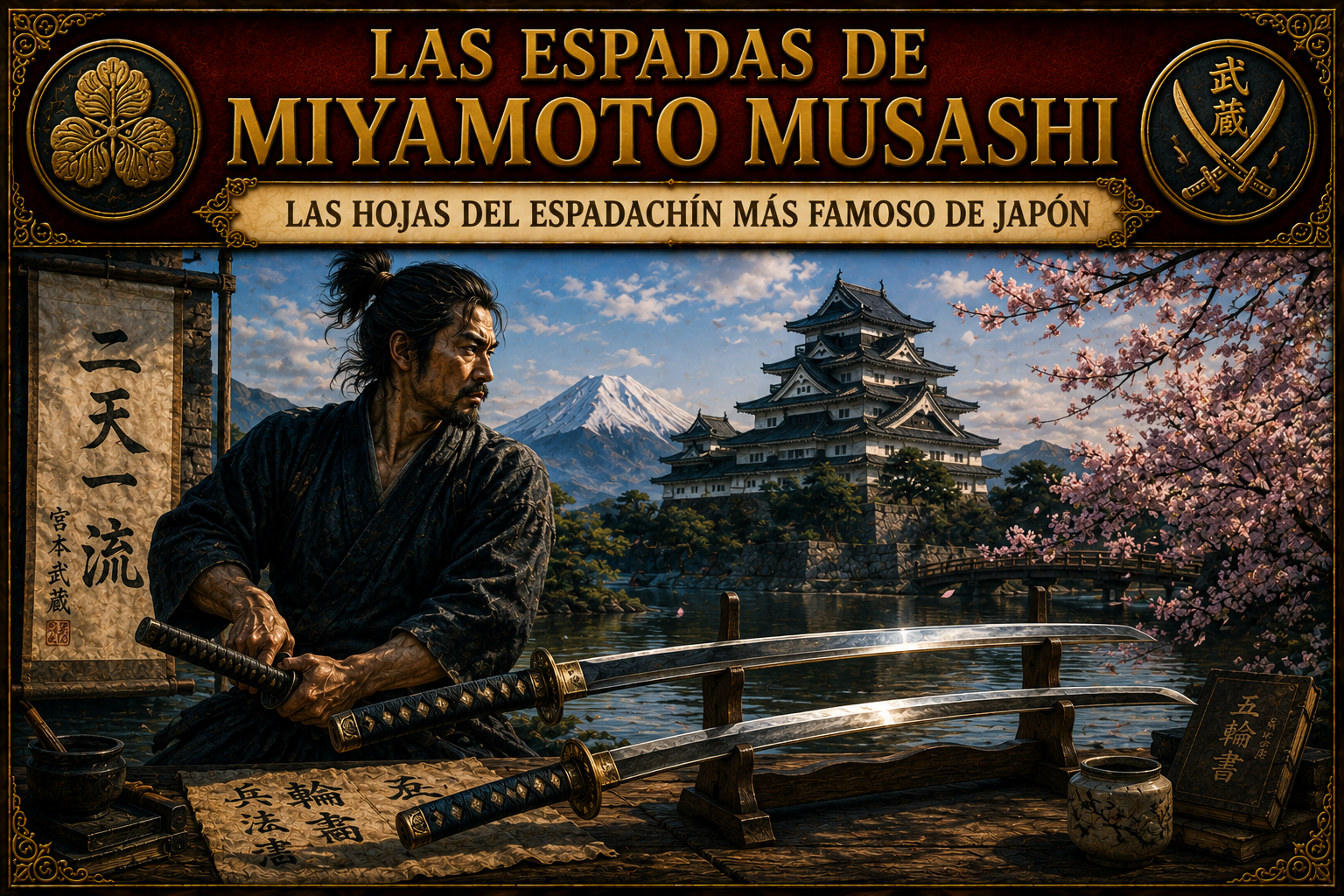 Katanas y una ilustración representativa de Miyamoto Musashi y el título del artículo en la parte superior
