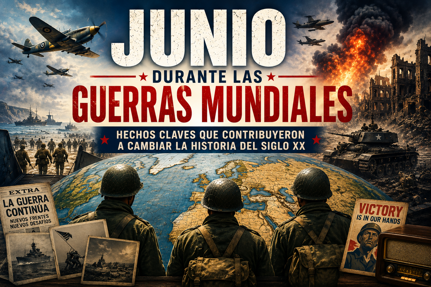 Tres soldados contemplando el globo terráqueo y detrás, referencias a la guerra, con el título del artículo al frente.