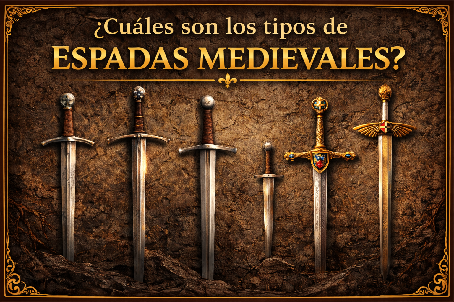 Imagen con diferentes tipos de espadas que dice "¿Cuáles son los tipos de Espadas Medievales?"