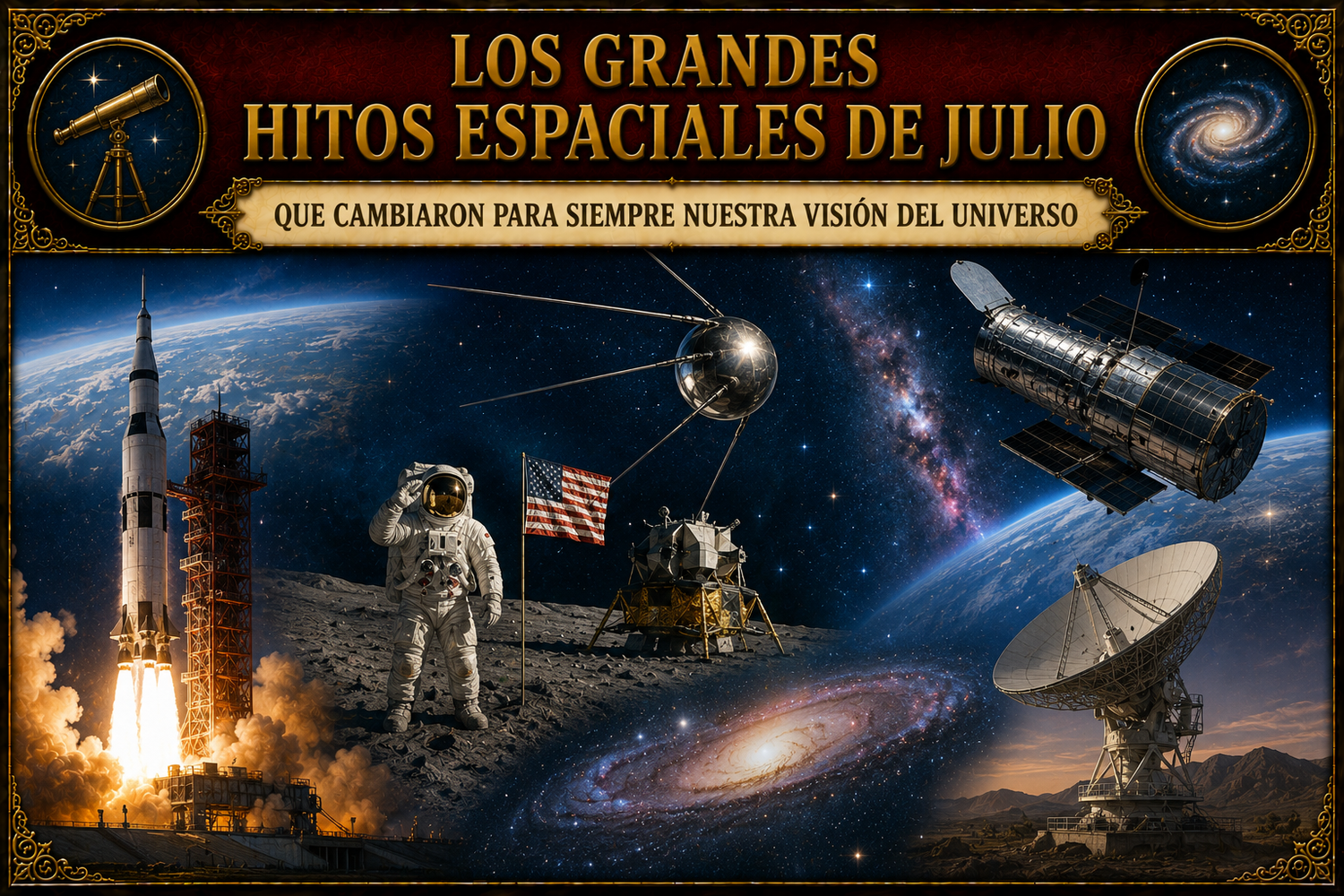 Foto con referencias a varios hitos espaciales de julio, y el título del artículo en la parte superior