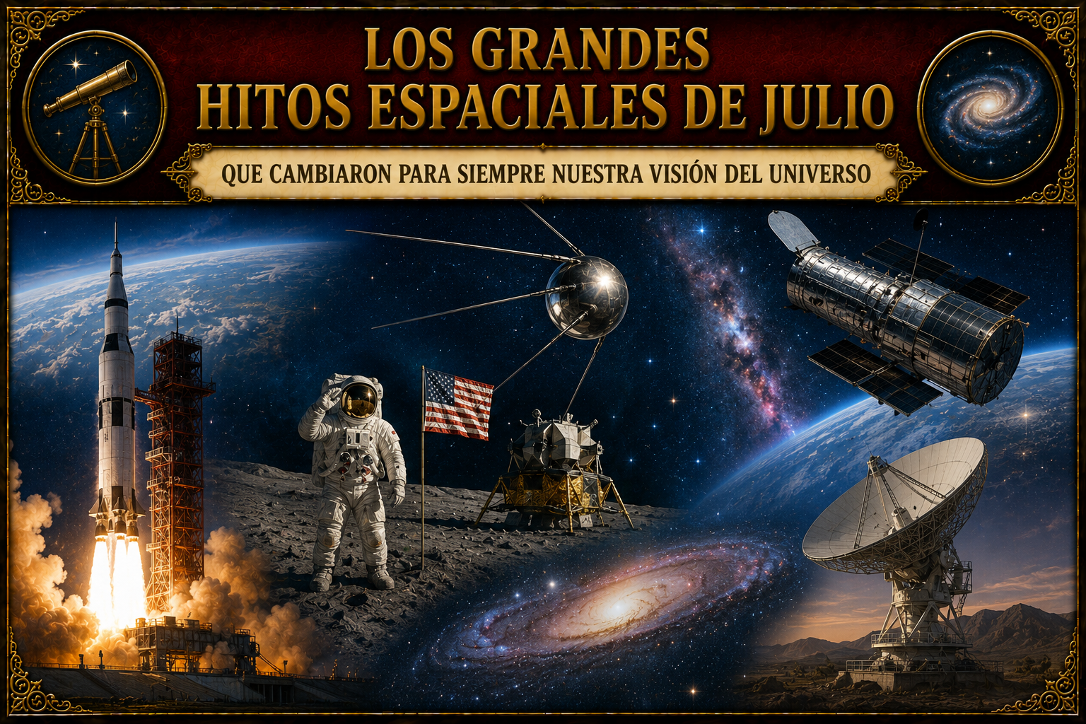 Foto con referencias a varios hitos espaciales de julio, y el título del artículo en la parte superior