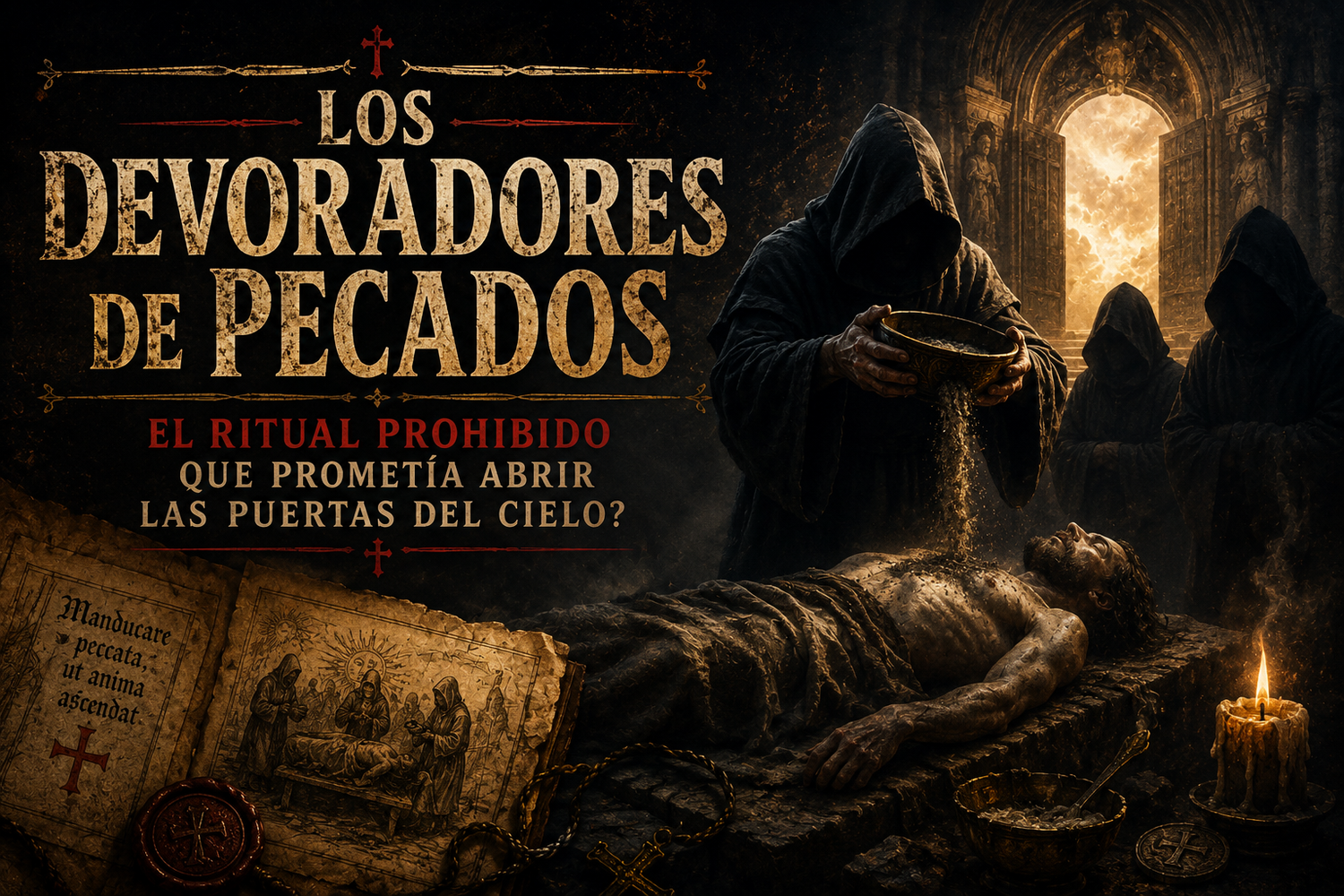 Ilustración de un hombre encapuchado llevándose los pecados de un difunto en un cuenco, y el título del artículo a un lado