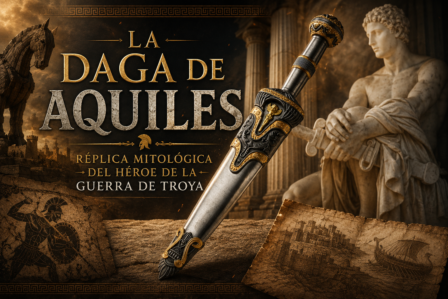 Estatua e ilustración de Aquiles de fondo, y daga de Aquiles, con el título del artículo de frente