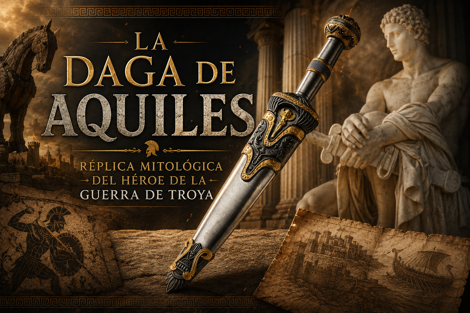 Estatua e ilustración de Aquiles de fondo, y daga de Aquiles, con el título del artículo de frente