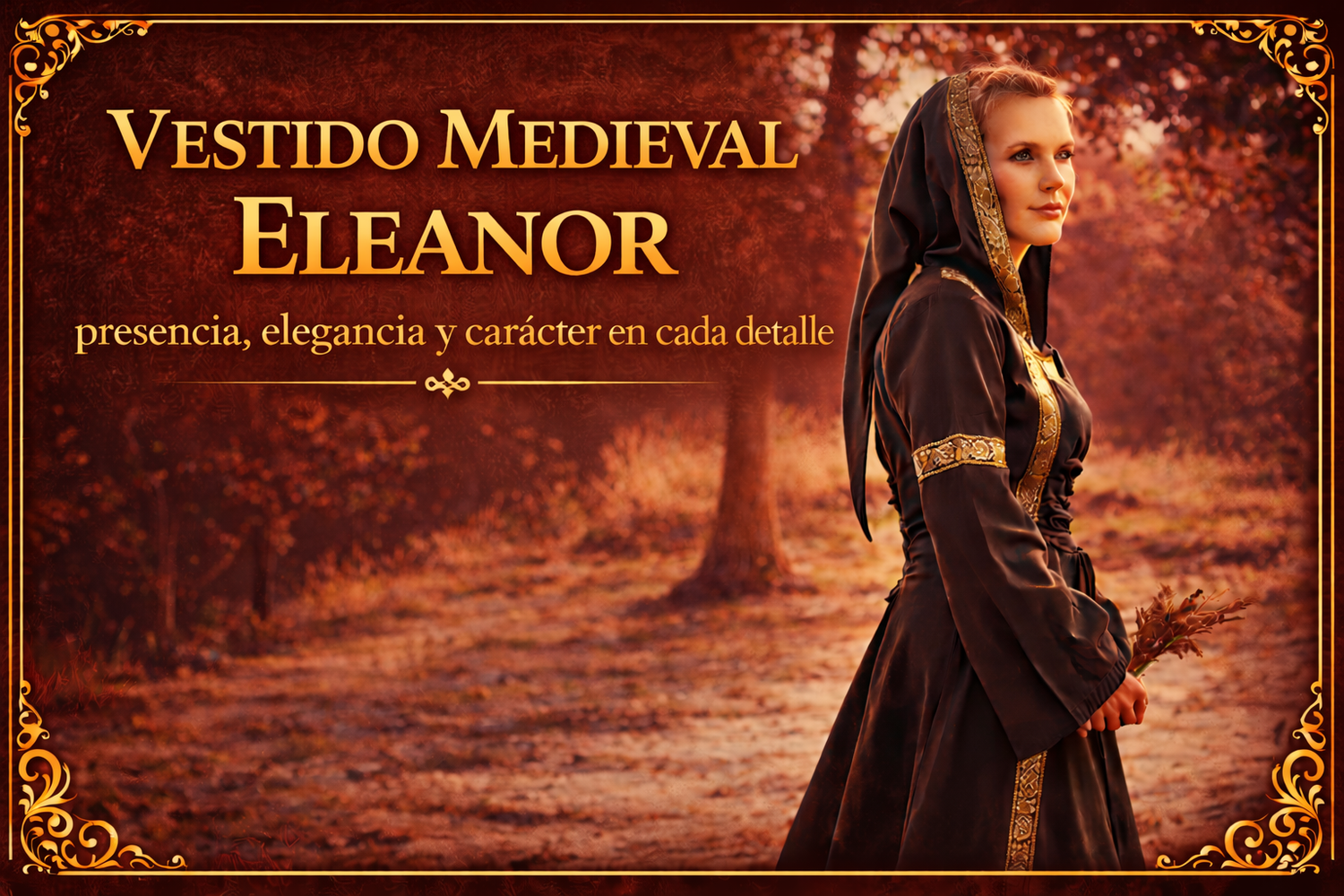 Foto de una mujer con un vestido Eleanor con capucha, con el título "Vestido Medieval Eleanor: Presencia, elegancia y carácter en cada detalle"