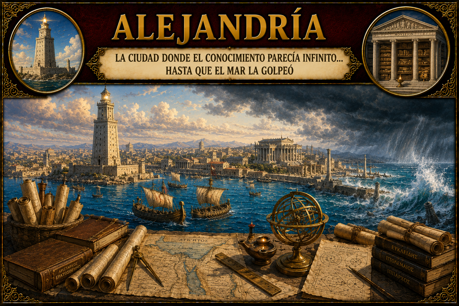 Ilustración de Alejandría, con pergaminos y otros al frente y el título del artículo en la parte superior