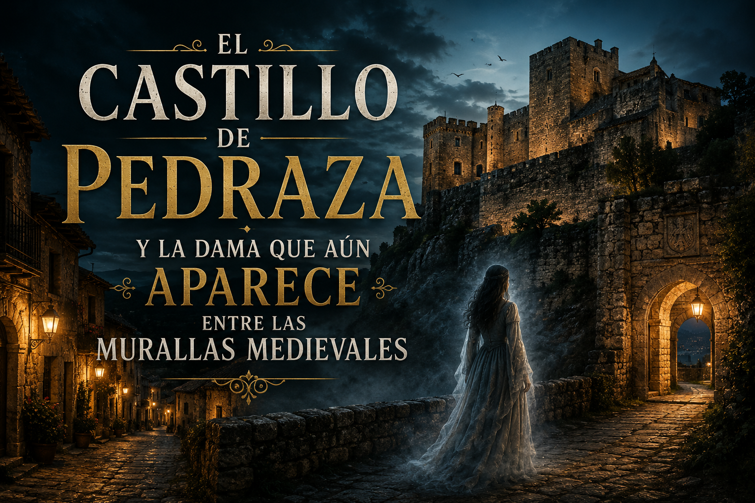 Una mujer fantasmal caminando por la entrada de piedra a un antiguo castillo, con el título del artículo al frente