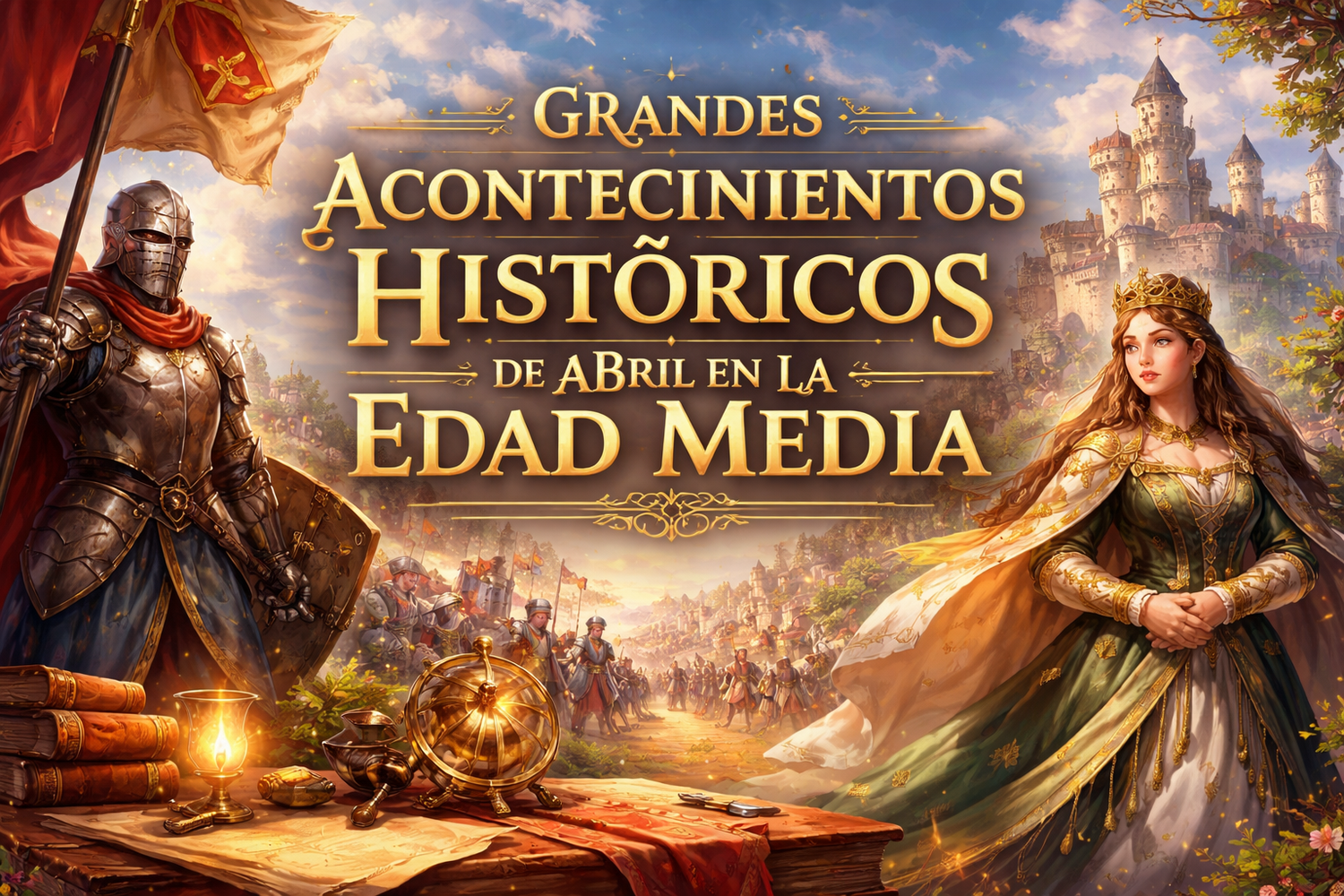 Portada con aballeros, guerreros, castillos y reina, que dice Grandes Acontecimientos Históricos de Abril en la Edad Media