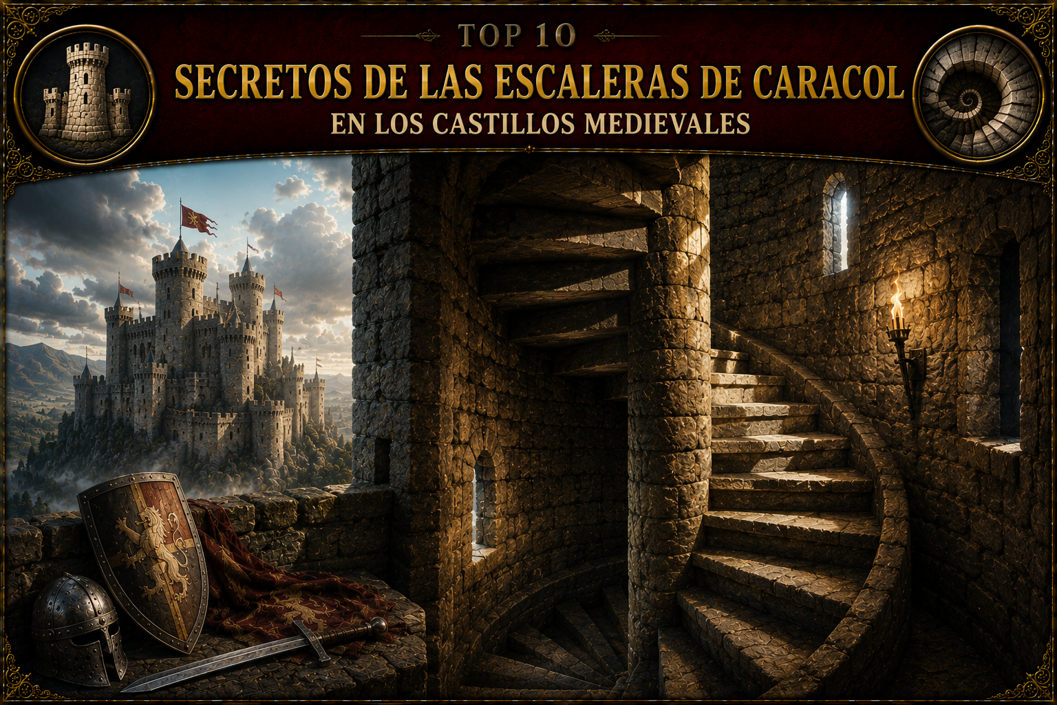 Un castillo y una escalera de caracol, ilustraciones con el título del artículo en la parte superior