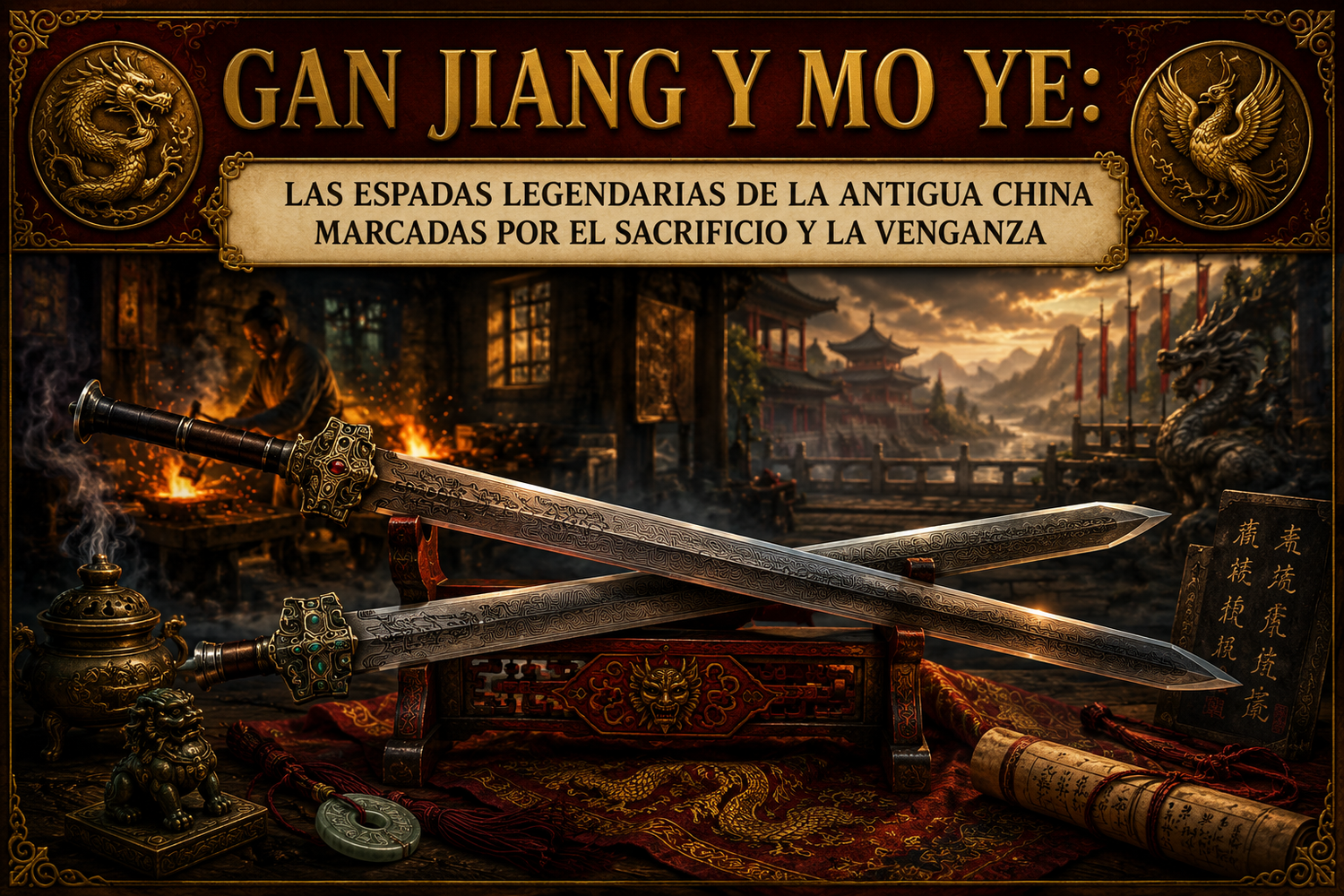 Representación de Gan Jiang y Mo Ye, con quién las forja de fondo y un paisaje tradicional chino, así como el título del artículo en la parte superior