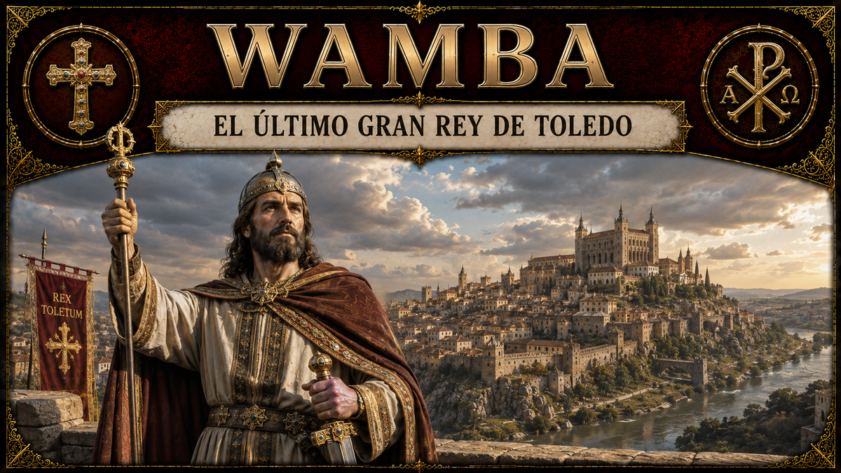 Representación de Wamba con Toledo de fondo y el título del artículo en la parte superior