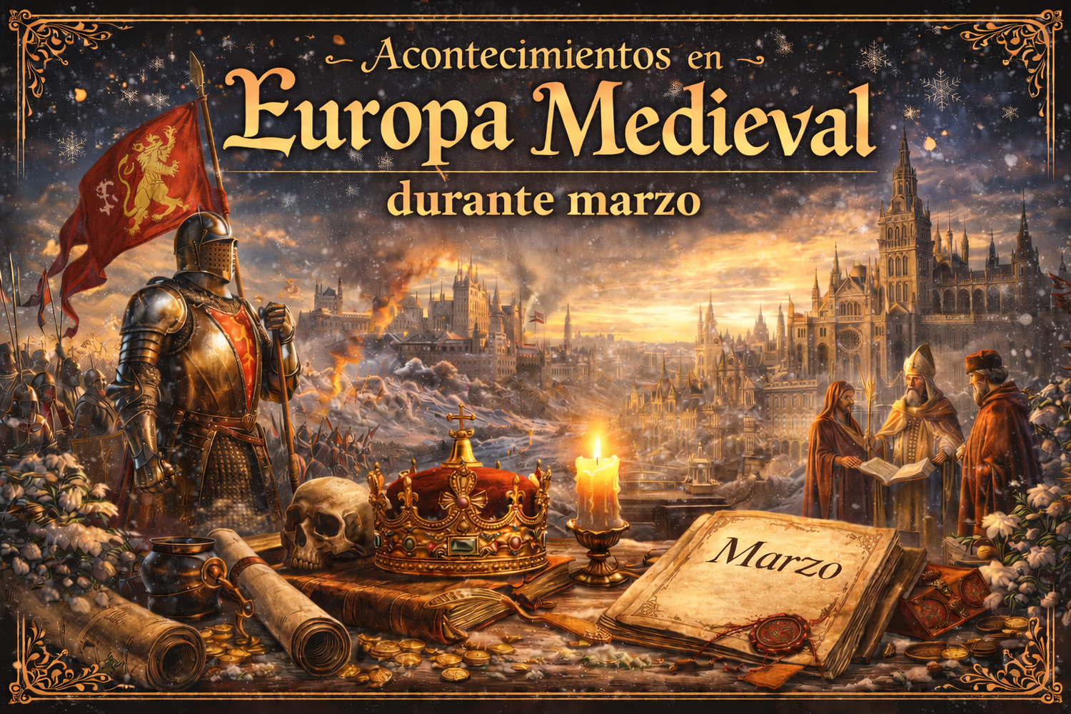 Texto de Acontecimientos en Europa Medieval durante Marzo, en una imagen que incluye armadura y estandarte medieval, corona, y edificios estilo europeos