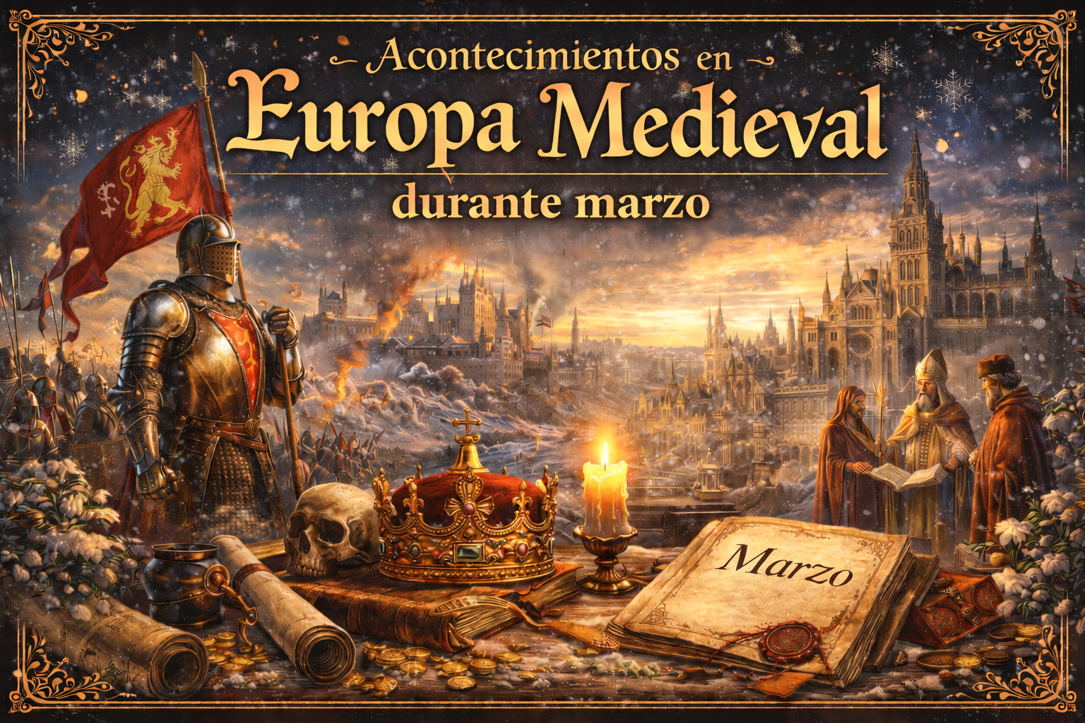 Texto de Acontecimientos en Europa Medieval durante Marzo, en una imagen que incluye armadura y estandarte medieval, corona, y edificios estilo europeos