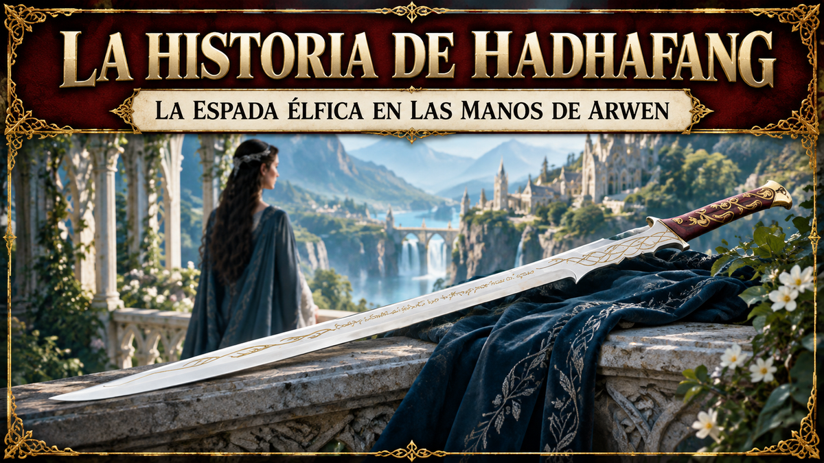 Una mujer de fondo, con un paisaje mágico en tonos claros, y una espada al frente