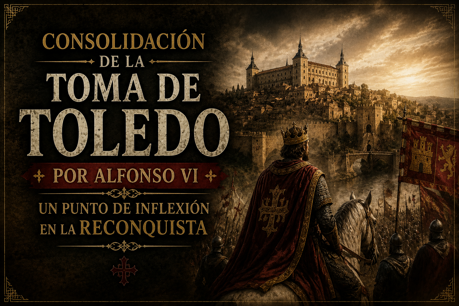Un castillo a lo lejos, tropas dirigiéndose a él y un rey sobre un caballo, con el título del artículo al otro lado de la imagen
