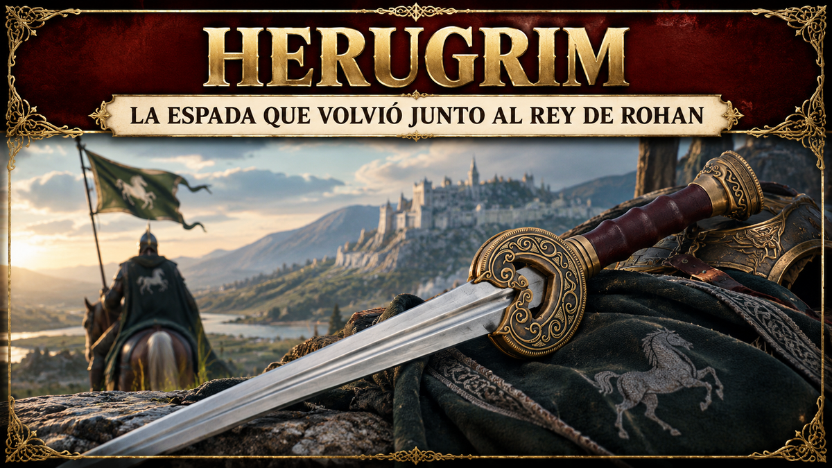 Herugrim en primer plano, con un hombre a caballo y un castillo de fondo, y el título del artículo en la parte superior